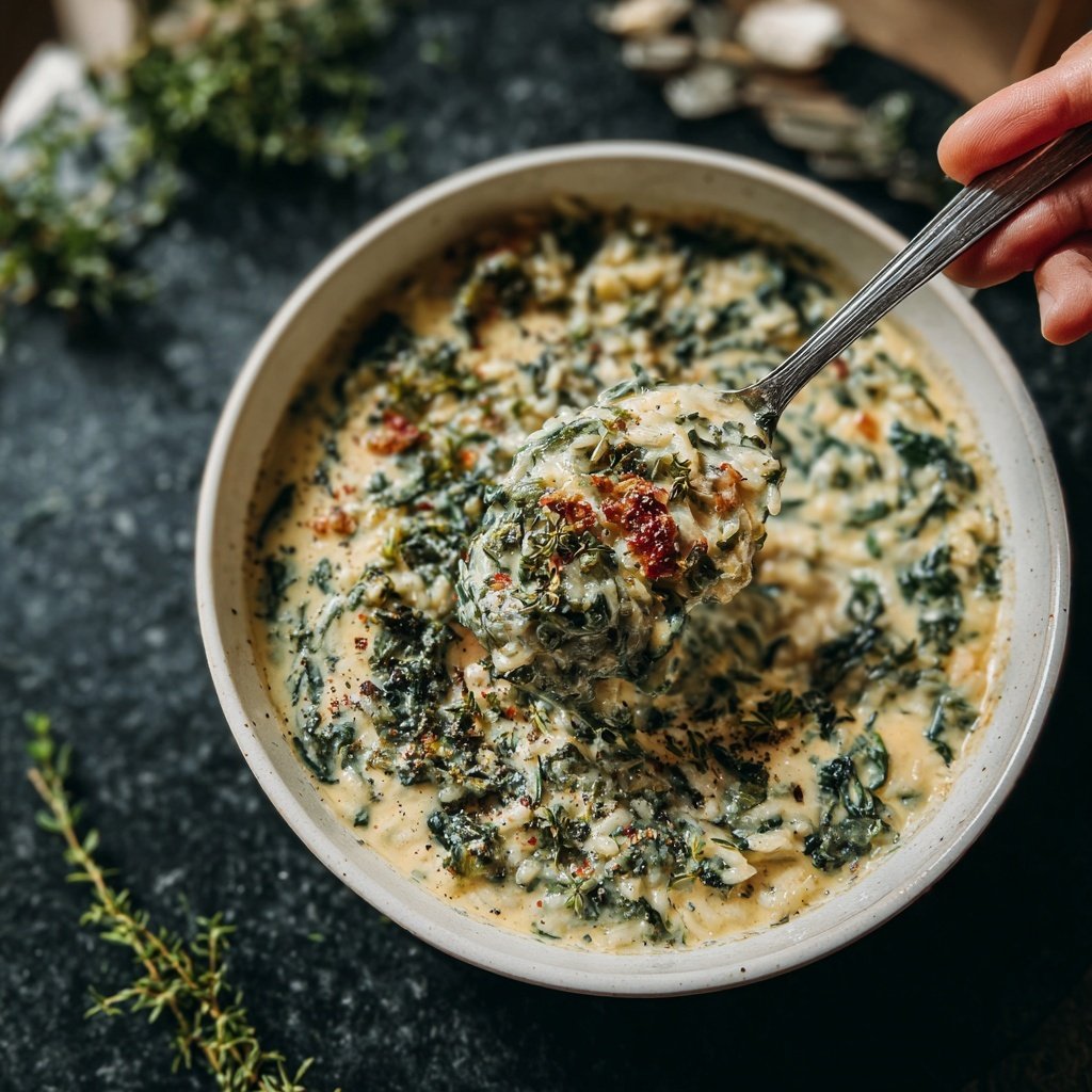 Abendessen mit cremigem Spinatrisotto