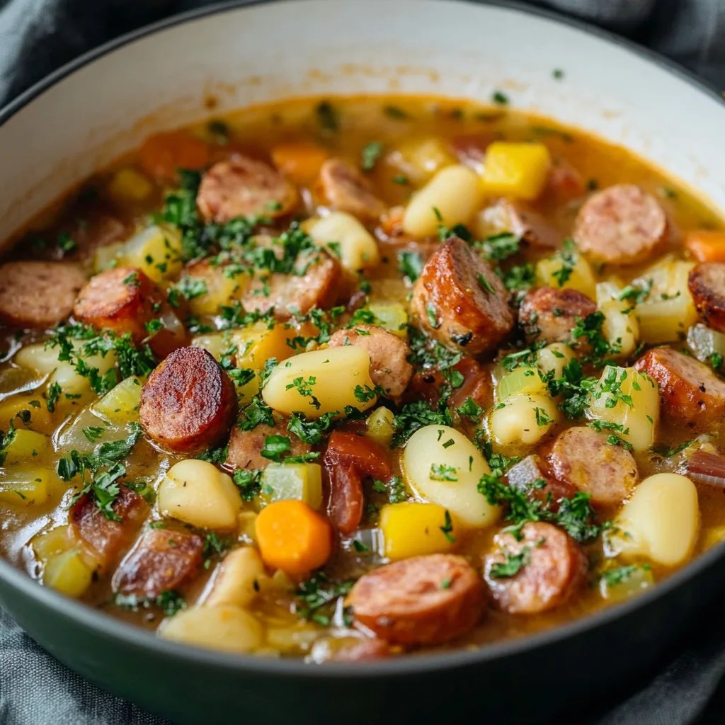 Erbseneintopf mit Würstchen und Speck