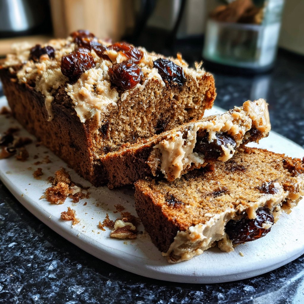 Bananenbrot mit Mandelmus und Datteln