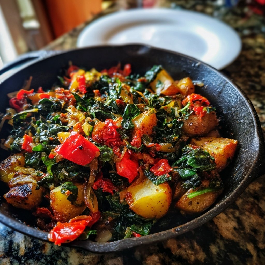 Schnelle Grünkohlpfanne mit getrockneten Tomaten